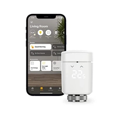Immagine di Eve Thermo (Apple Home) valvola termosifone intelligente con display a LED, controllo automatico della temperatura, senza gateway, controlli touch integrati, Bluetooth/Thread