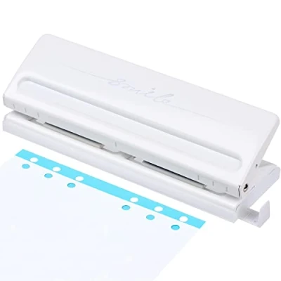 Immagine di Cucitrice a Pinza, Mini Perforatore 6 Fori, Buca Fogli Distanze Regolabili Bucatrice, Scomparti per A4 A5 A6 B7 Fora Fino (bianco)