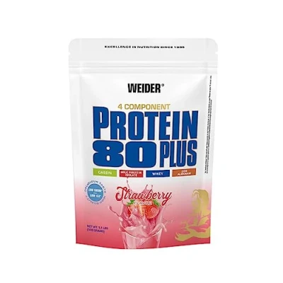 Immagine di WEIDER Protein 80 Plus multicomponenti, Fragola, proteine in polvere per shake cremosi, mix di del siero latte, caseina, isolate latte e uovo, pochi grassi zuccheri, 1x500g