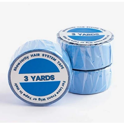Immagine di ShowJarlly nastro adesivo per estensioni dei capelli biadesivo, parrucche e capelli, rotolo di supporto anteriore in pizzo 2.0 cm * 3 Yards Blu comfort