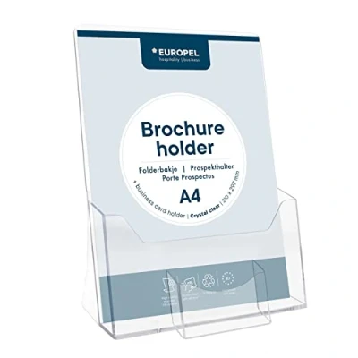 Immagine di EUROPEL Porta volantini e brochure con scomparto per biglietti da visita letteratura in formato A4, struttura acrilico cristallino, display dispenser opuscoli, menu, verticale