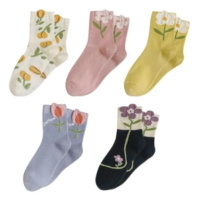 Immagine di 5 Paia Calzini Divertenti Donna,Calzini Donna Cotone,Calzini Colorati,Stampa Floreale Ricamato Traspiranti,Calzini Spugna Donna,Set di Floreali Elastici,Calzini pop per Donne e Ragazze