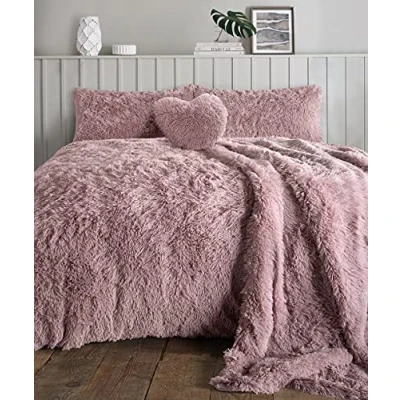 Immagine di Set di biancheria da letto con copripiumino e federe, morbido, caldo accogliente, in finta pelliccia orsetto, (rosa cipria, king size)
