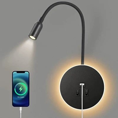 Immagine di Awekliy Lampada da Parete a LED, lettura comodino collo di cigno con interruttore, Porta Ricarica USB,faretto Luce d&#039;atmosfera camera letto(3W Naturale + 8W Calda)Nero