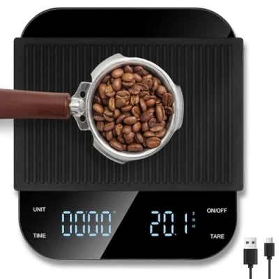 Immagine di Vankarr Bilancia da Caffè con Timer, Cucina Digitale Espresso, 3 kg/0,1 g, ad Alta Precisione Display LED, Funzione Tara, Pulsante Touch