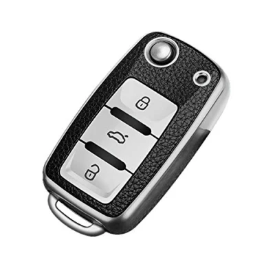 Immagine di Happyit Custodia per chiave auto in TPU + pelle adatta Volkswagen VW Bora Beetle Tiguan Polo Passat B5 B6 MK5 6 Jetta Eos SEAT Sagitar Golf 3 pulsanti (argento)