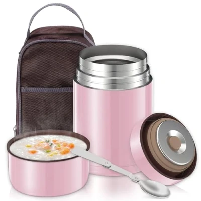 Immagine di Contenitore Termico per Alimenti Caldi 800ML, Thermos in Acciaio Inox con Sacchetto Isolante e Cucchiaio Pieghevole,Portavivande Pranzo,All&#039;aperto, Rosa