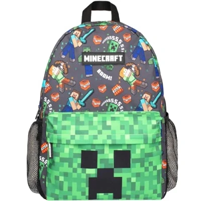 Immagine di Minecraft Zaino scolastico per ragazzi e ragazze, grande, formato A4, multicomparto, con tasca in rete spallacci imbottiti regolabili, Verde, L