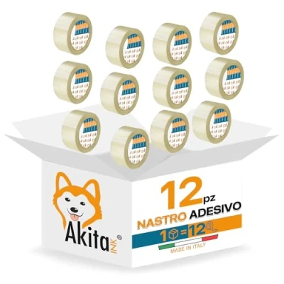 Immagine di AKITAInk Nastro Adesivo Per Imballaggi Pacchi 12 pcs 50x66 Metri da Imbalaggio Silenzioso, Fortemente e Resistente all&#039; Acqua. (12, TRASPARENTE)