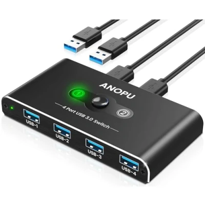 Immagine di Switch USB Switch, Alluminio 3.0 KVM per 2 PC in 4 out Mouse, Tastiera, Scanner, Stampante, Chiavetta, Hard Drive, Cavi Dotazione