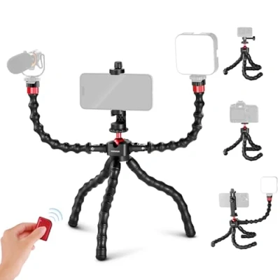 Immagine di Neewer T91 Treppiede Flessibile con 2 Magic Arm, Mini Smartphone Viaggio Otturatore/Clip Telefono/Attacco Action Cam Compatibile GoPro Hero 13 iPhone 16 15 Pro Max Sony a7c, 2kg