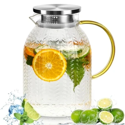 Immagine di Caraffa in Vetro 2L, con Acciaio inossidabile Coperchio, Trasparente e Resistente Brocca Acqua Vetro, Refrigerante per il tè Freddo, Calda, Fredda, Caffè, Latte, Succo,