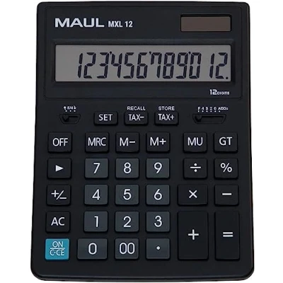 Immagine di MAUL calcolatrice commerciale MXL12 a 12 cifre incl. calcolo tasse, grande 20,5 x 15,5 cm, display angolato, da tavolo professionale, energia solare/batteria, nero