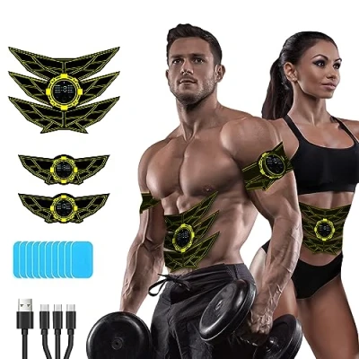 Immagine di SEVEKO Elettrostimolatore Muscolare Addominali, per Un Allenamento a Tutto Corpo, 8 modalità e 15 Intensità, 10 Ricambi di Idrogel （Giallo）