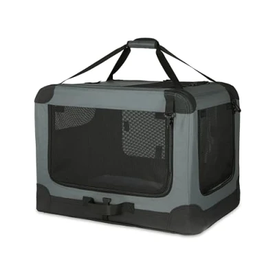 Immagine di Amazon Basics Trasportino portatile e pieghevole a 4 porte, per cani gatti, da viaggio, con lati morbidi, Grigio, M 76 cm x 54