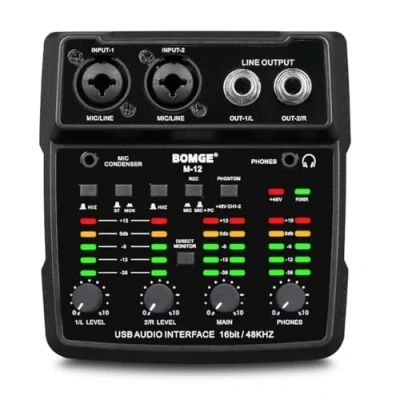 Immagine di BOMGE Interfaccia audio USB M12, mixer a 2 canali, ingresso XLR/3,5 mm, alimentatore 48 V, scheda per registrazione PC, studio, spettacolo dal vivo, karaoke, plug &amp; play