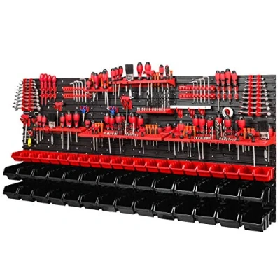 Immagine di Scaffalatura da officina 1728 x 780 mm Sistema di cuscinetti con supporti per attrezzi e scatole impilabili Pannelli parete extra robusti officina, scaffale cassapanca (rosso/nero)