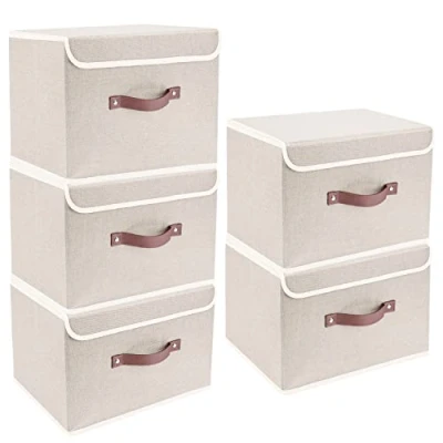 Immagine di TYEERS Scatole Portaoggetti Tessuto, Lavabile, con Coperchio Pieghevole, 38x25x25 cm, Set di 5, Beige