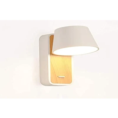 Immagine di BarcelonaLED Lampada da parete a LED bianco con base in legno, faretto alluminio orientabile 6 W caldo 2700 K e interruttore per camera letto testiera lettura soggiorno