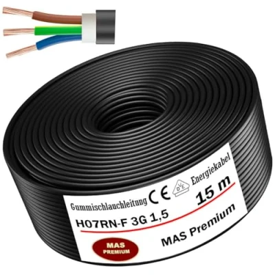 Immagine di cavo in gomma da 5 a 100 m, di alimentazione per cantieri, H07RN F, 3G1,5 mm², flessibile con conduttore protezione dispositivi pesanti (15 m)