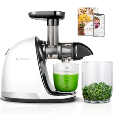 Immagine di AMZCHEF Estrattore Frutta e Verdura a Freddo Pofessionale Masticazione Delicata Non C&#039;è Bisogno Di Filtrare Succo Senza BPA con Due Tazze Pennello Bianco