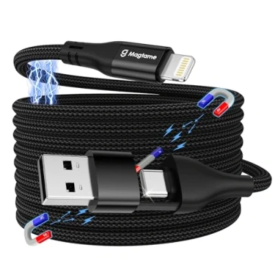 Immagine di Magtame Magnetic Coiled Light_ning cavo 2 in 1, multi ricarica, 1 m, USB A/C a Light_ning, ricarica rapida PD 30 W, intrecciato certificato MFi, compatibile con Phone 14 Pro 13 12 11 XR XS