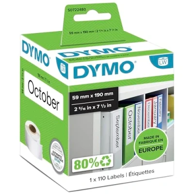 Immagine di Dymo LW etichette piccole per raccoglitori 38 x 190 mm rotolo da 110 stampa nera su bianco autoadesive, etichettatrici LabelWriter