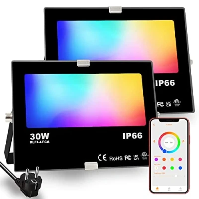 Immagine di HEKEE LED Faretto Esterno 30W, Cambio Colore Rgbw, 16 Milioni Colori, Timer, bianco caldo 2700K, Proiettori per Esterni Impermeabile Ip66 (confezione da 2)