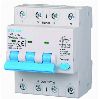 Immagine di Interruttore magnetotermico differenziale salvavita, 3P+N, occupa 4 moduli DIN, 380V 415V, 32A C32, 300mA, 6KA 6000A, RCBO