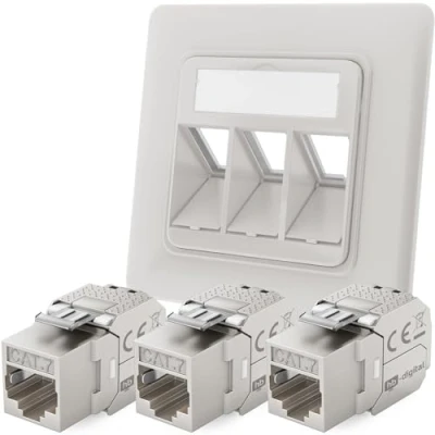 Immagine di hb digital presa di rete a 3 porte CAT 7 da incasso RAL9003 + X Keystone RJ45 modulo LAN Ethernet per 5e 6 6a max. 10 Gbps STP bianco segnale