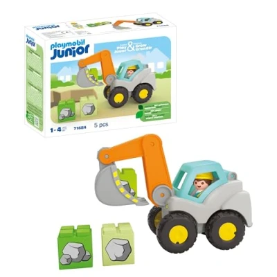 Immagine di Playmobil Junior 71684 Escavatore, inclusi tetto della cabina pieghevole e pietre impilabili, giocattolo sostenibile realizzato in plastica a base vegetale, per bambini dai 12 mesi su