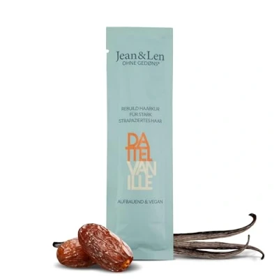 Immagine di Jean &amp; Len Rebuild Hair Conditioner Date Vanilla, per capelli gravemente danneggiati, nutre intensamente i capelli, lisci, senza siliconi e parabeni, vegan, 20 ml