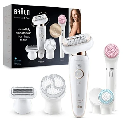 Immagine di Braun Silk épil 9 Flex Depilatore Donna Epilatore con Testina Flessibile, Spazzola Esfoliante Corpo, Spugnetta Make Up, SES9100 Bianco e Oro