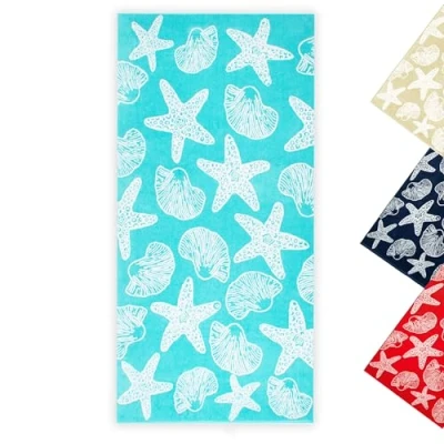 Immagine di ZOLLNER Telo mare asciugamano da spiaggia morbido e assorbente in 90x180 cm lavabile a 60C cotone Rosso design marittimo con stelle conchiglie certificato OEKO TEX (R)