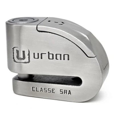 Immagine di Urban Security UR14S Lucchetto Antifurto Moto Bloccadisco Alta Sicurezza con Allarme 120dB + Warning, A +, Doppia Chiusura Ø 14, Inox, omologato Sra, Made in EU