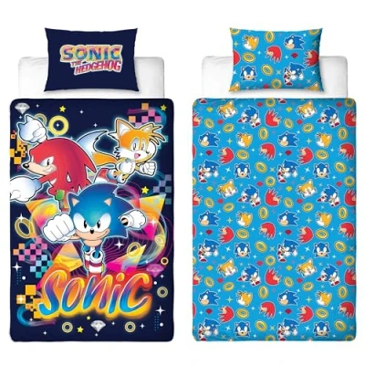 Immagine di Character World Set copripiumino singolo con licenza ufficiale Sonic the Hedgehog, double face, code e nocche, federa coordinata, perfetto per la camera dei bambini
