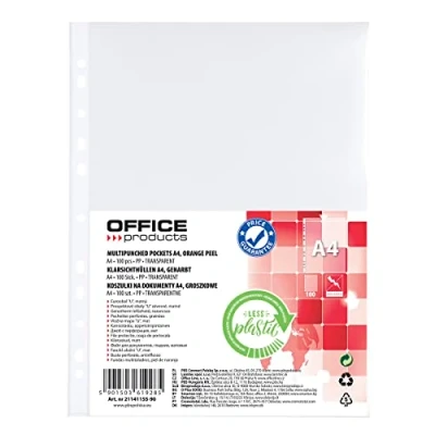 Immagine di OFFICER PRODUCTS 100 cartelline portadocumenti, formato DIN A4, con apertura superiore a grana, trasparenti, in plastica perforata, per documenti e cartelle, polipropilene trasparente