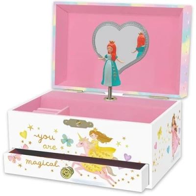 Immagine di Portagioie Carillon Principessa per Bambine Cofanetto Musicale Bambini con Rotante, Regali di Compleanno Bambine, 18,2 x 13,3 9,9 cm Età 3 10 anni, Bianca
