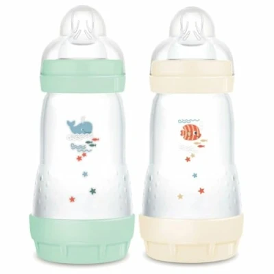 Immagine di MAM 2 Biberon Easy Start Anti colica 2+ mesi flusso medio (2 x 260 ml) Menta + Cotone per ridurre le coliche e il disagio del bambino neonati compatibile con l&#039;allattamento