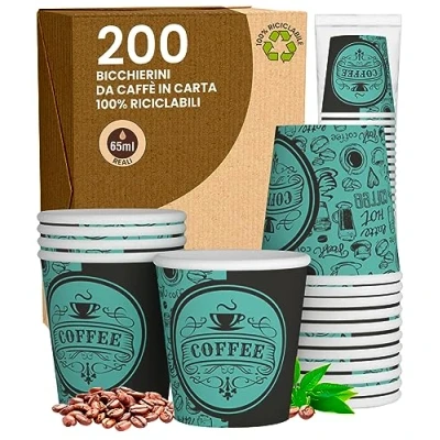 Immagine di 200 Bicchierini in Carta da caffè 65ml PubGreenCUP Bicchieri Ecologici Biodegradabili Monouso Piccoli Asporto Bevande Calde