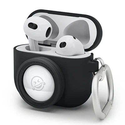 Immagine di elago Custodia Snapshot Compatibile con AirPods 3 e AirTag, Design Classico Fotocamera, Portachiavi Incluso, Supporto Ricarica Wireless [Dispositivo di Localizzazione Non Incluso] (Nero)