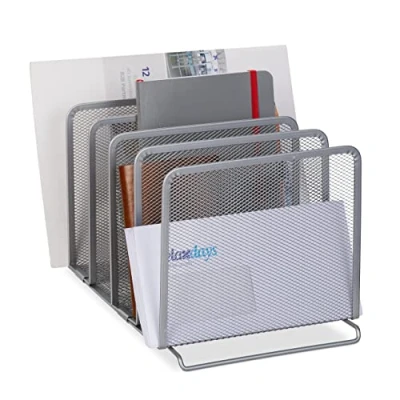 Immagine di Relaxdays Portalettere da Scrivania, Portariviste Tavolo in Metallo a Rete, 5 Scomparti, HLP 19x20,5x37,5 cm, Argento