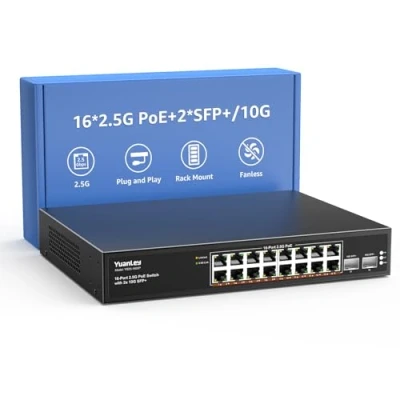 Immagine di YuanLey Switch PoE 2.5G a 18 Porte Non Gestito, 16 Base T 2.5G, 2 x 10G SFP+, IEEE802.3af/at, 250W, Compatibile con 100/1000/2500Mbps, Montaggio su Desktop/Rack di Rete 2.5Gbe