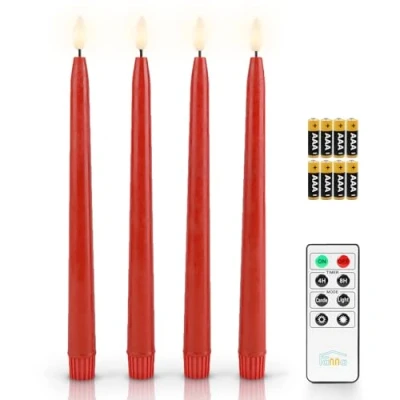 Immagine di Fanna 4 Candele a Led Rosse per Natale con Telecomando e Batterie, Coniche Batteria Timer Valentino Matrimonio Uso Interno H 28cm