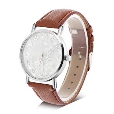 Immagine di DAUERHAFT orologio analogico femminile, al quarzo da donna alla moda ed elegante, con cinturino in finta pelle, quadrante a forma di farfalla, polso femminile(Marrone)