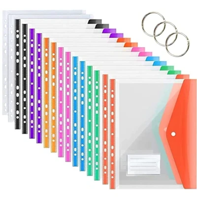 Immagine di KAHEIGN 16 Pezzi Tasche Perforate Espandibili, 8 Colori Portafogli in Plastica A4 File di Documenti Cartelle Popper Raccoglitore ad Anelli con Chiusura a Scatto, Tasca per Etichetta e Anello