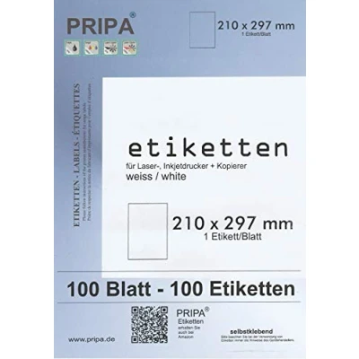 Immagine di 100 Etichette autoadesive 210x297mm (su DIN A4), Colore: Bianco