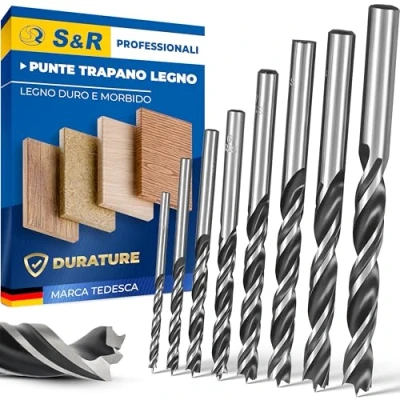 Immagine di S&amp;R 8 Punte per Legno Professionali in Acciaio HSS. 3,4,5,6,7,8,9,10 mm Trapano ad Attacco Rotondo.