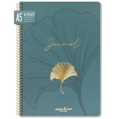 Immagine di paper&amp;you® Bullet Journal a pois A5 con rilegatura spirale &quot;Blue Ginkgo&quot;, 160 pagine, taccuino spirale, blocco universitario, note sostenibile e rispettoso dell&#039;ambiente