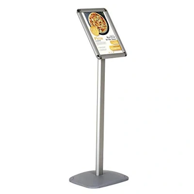 Immagine di DISPLAY SALES porta menu DIN A4 (210x297 mm) RONDOECKEN Silver espositore da terra Premium (1 m di altezza) Piastra base in alluminio antiruggine attraente formato ritratto/paesaggio